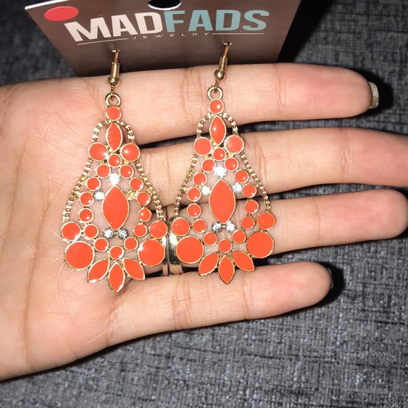 Orange Styled Drop Earrings wi/ Cubic Zirconia - Picture 2 of 4